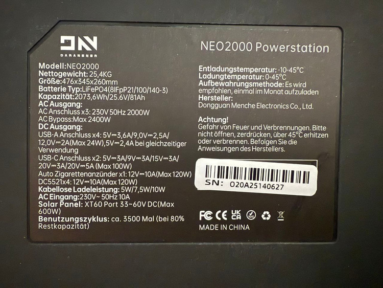 پاور استیشن قابل حمل DaranEner مدل NEO2000 ظرفیت 2073.6 وات ساعت توان 2000 وات
